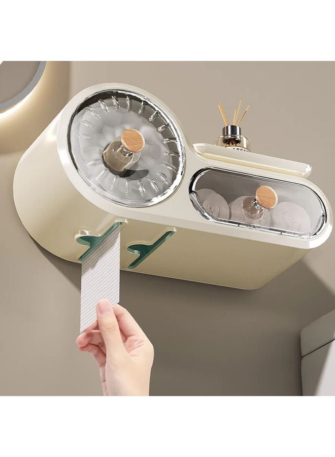 صندوق تخزين ورق التواليت المثبت على الحائط بلون الكريم، ذو حجرتين، تركيب بدون حفر، مقاوم للماء - Image 1